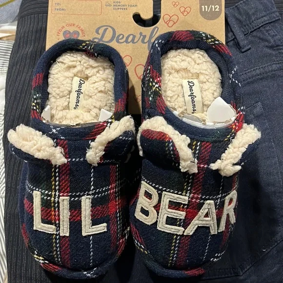 DEARFOAMS UNISEX LIL BEAR PLAID HOILDAY CHRISTMAS CLOG SLIPPERS NWT Kids 11/12